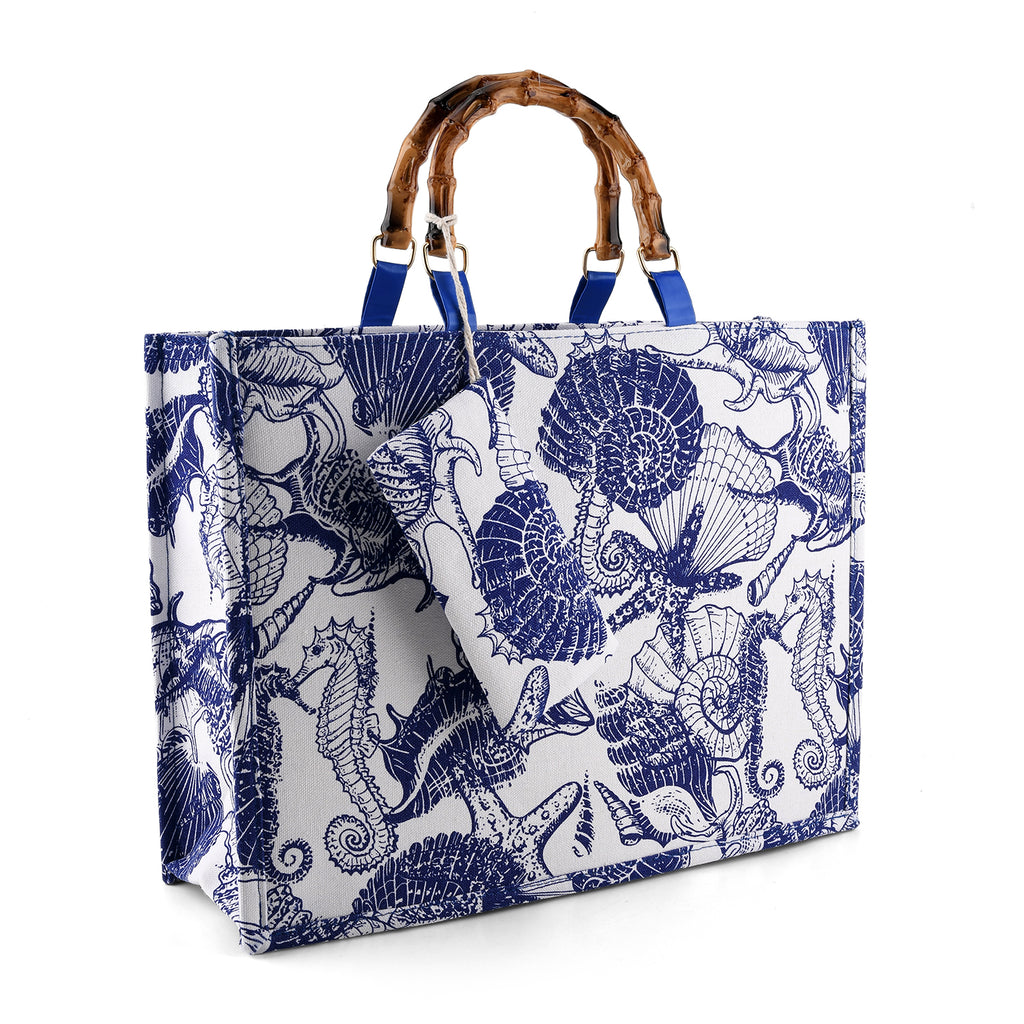 Seashell Print Tote Bag Set with Bamboo Handles - Blue_8574567_5