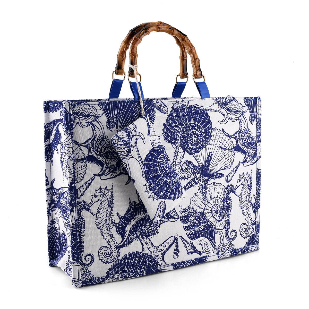 Seashell Print Tote Bag Set with Bamboo Handles - Blue V32515506 5