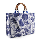 Seashell Print Tote Bag Set with Bamboo Handles - Blue_8574567_5