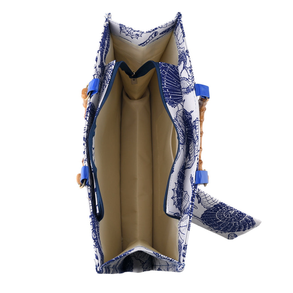 Seashell Print Tote Bag Set with Bamboo Handles - Blue_8574567_6
