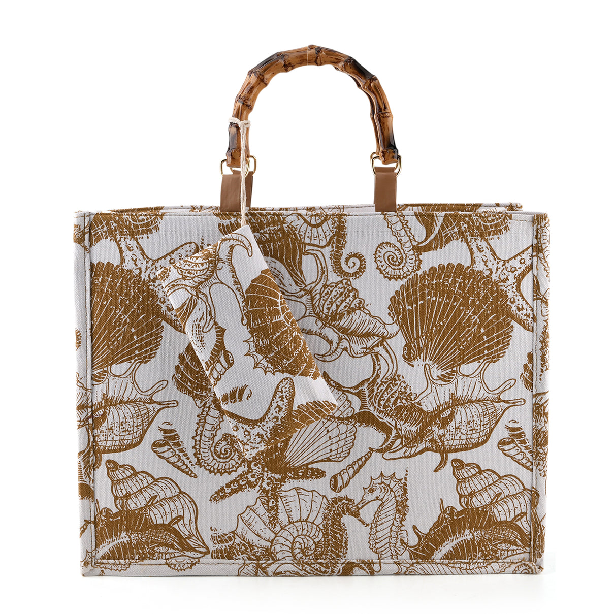 Seashell Print Tote Bag Set with Bamboo Handles - Coffee V32515261 0