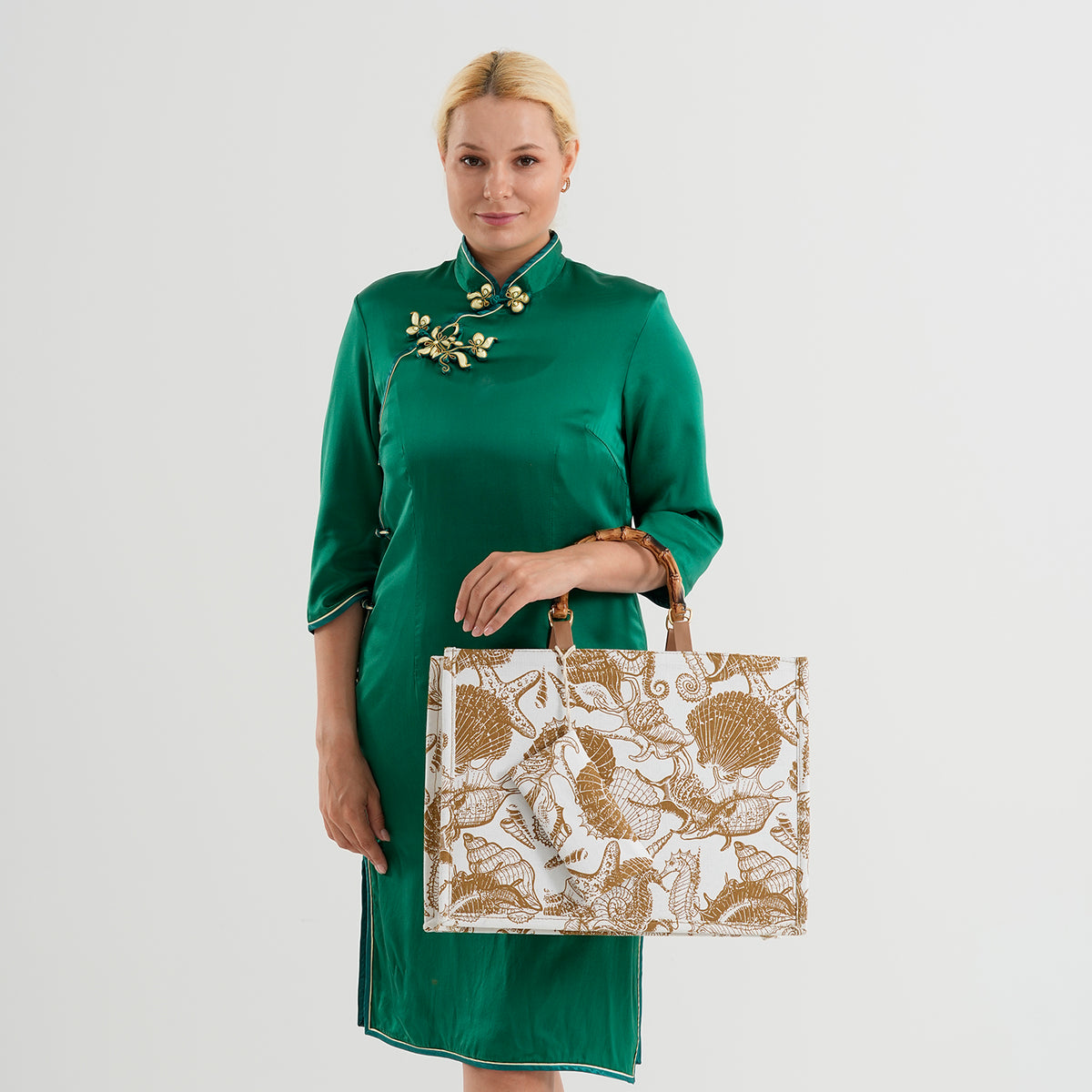 Seashell Print Tote Bag Set with Bamboo Handles - Coffee V32515261 2