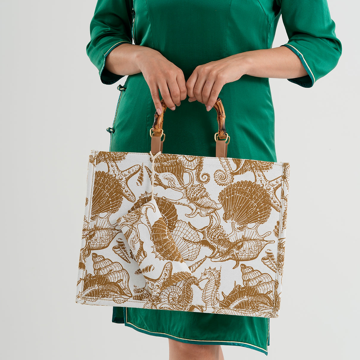 Seashell Print Tote Bag Set with Bamboo Handles - Coffee V32515261 3