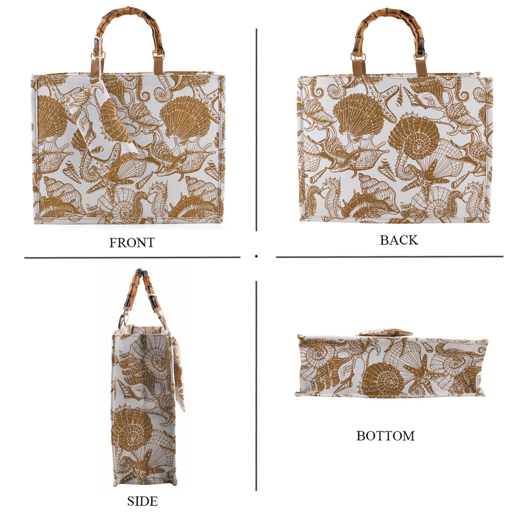 Seashell Print Tote Bag Set with Bamboo Handles - Coffee_8574570_4