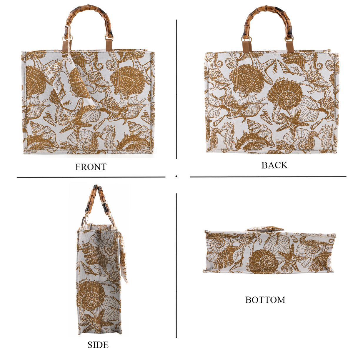Seashell Print Tote Bag Set with Bamboo Handles - Coffee V32515261 4