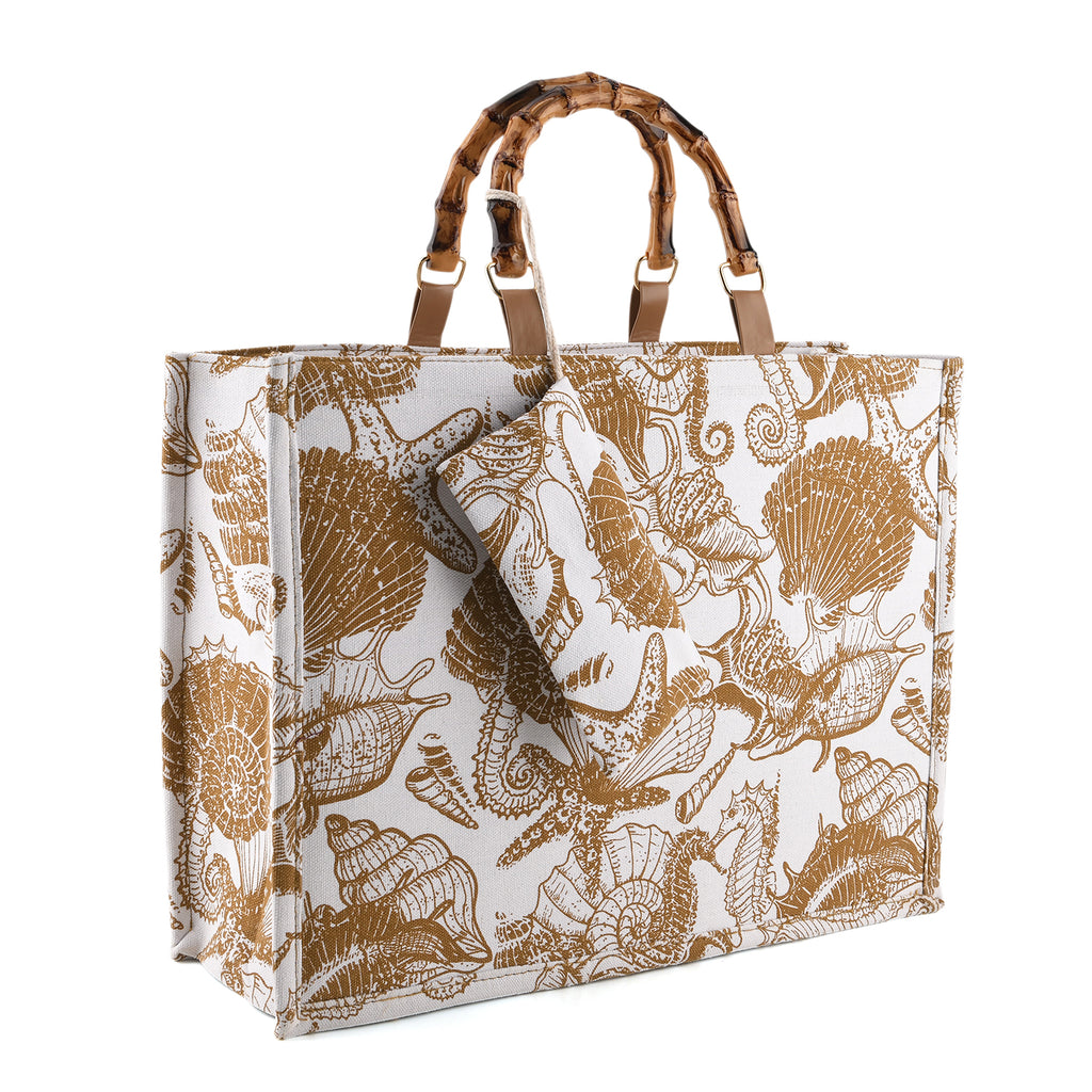 Seashell Print Tote Bag Set with Bamboo Handles - Coffee_8574570_5