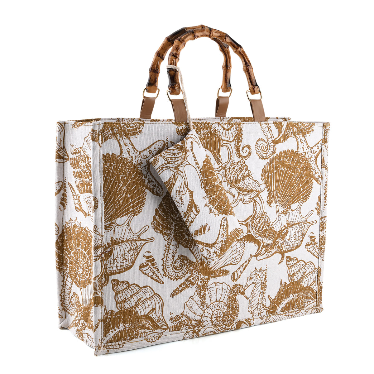 Seashell Print Tote Bag Set with Bamboo Handles - Coffee V32515261 5