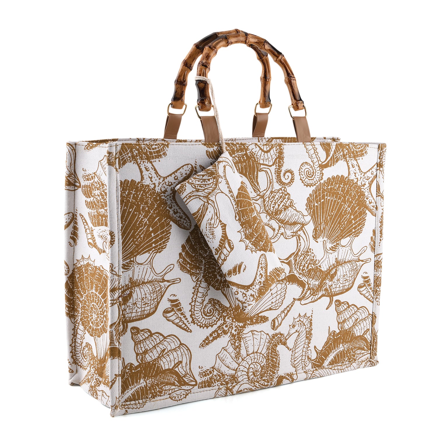 Seashell Print Tote Bag Set with Bamboo Handles - Coffee V32515261 5