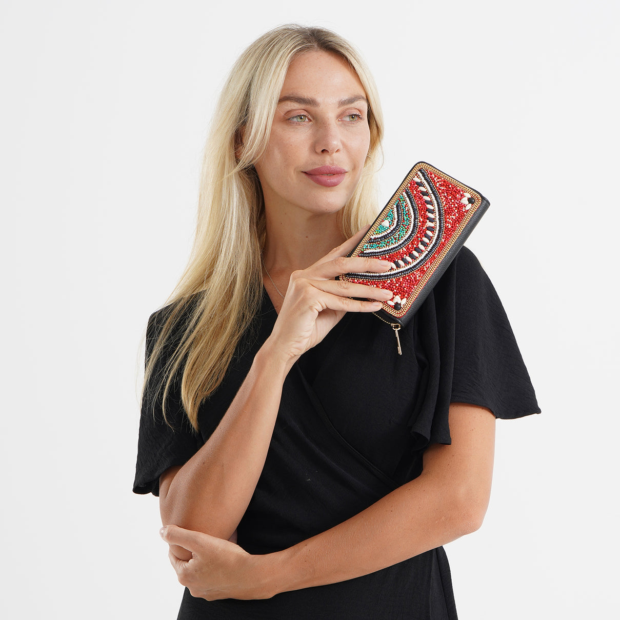 Beaded Evil Eye Zip-Around Continental Wallet - Red &amp; Multicolour 8574616 2