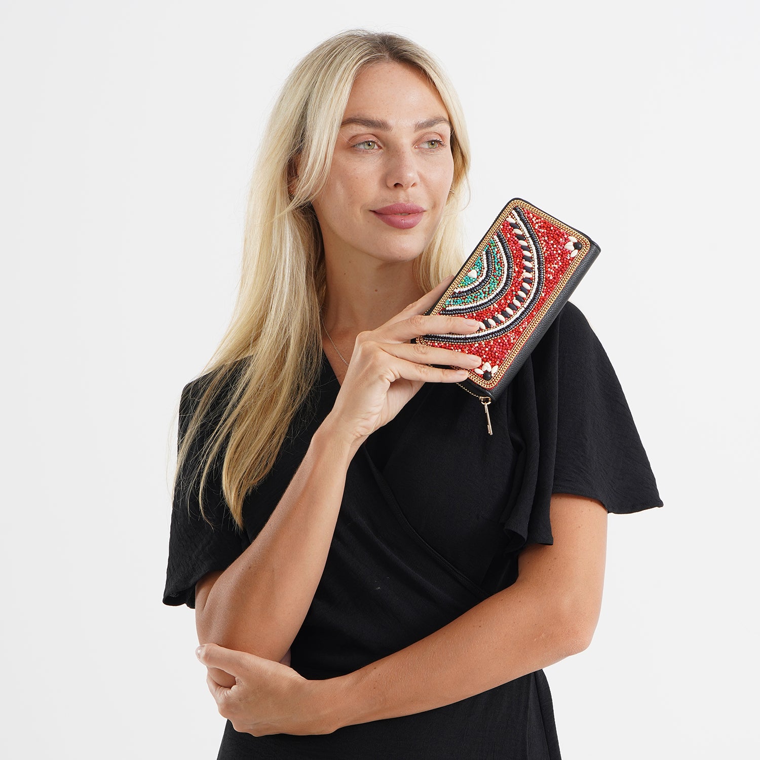Beaded Evil Eye Zip-Around Continental Wallet - Red &amp; Multicolour 8574616 2