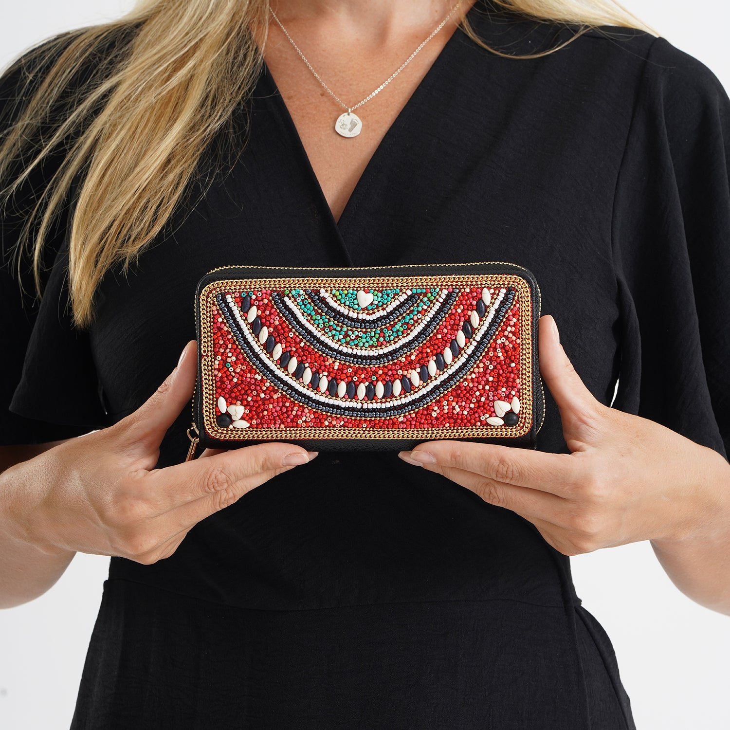 Beaded Evil Eye Zip-Around Continental Wallet - Red &amp; Multicolour 8574616 3