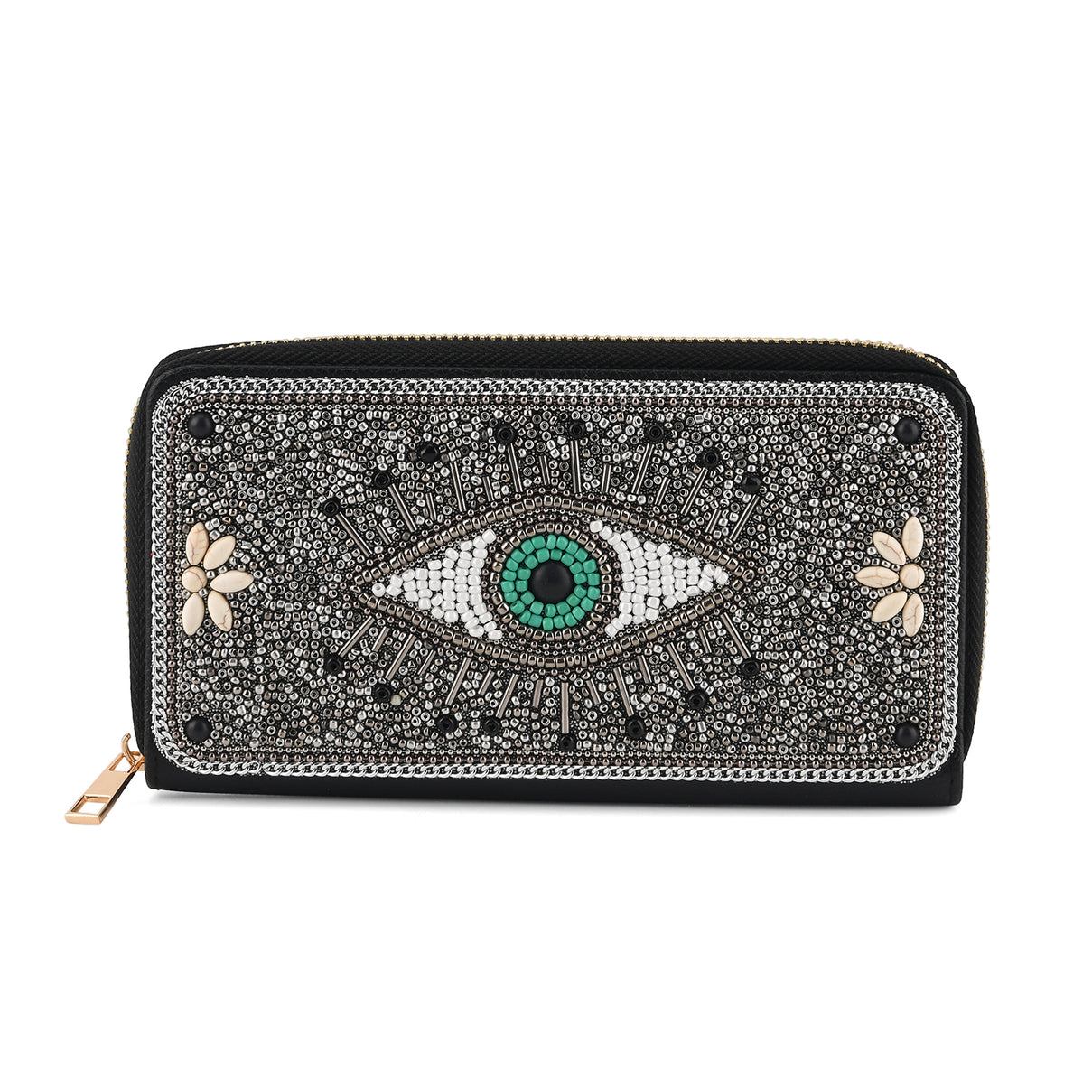 Beaded Evil Eye Zip-Around Continental Wallet - Silver 8574618 0