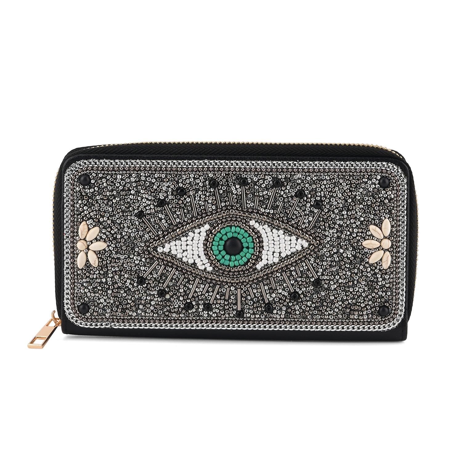 Beaded Evil Eye Zip-Around Continental Wallet - Silver 8574618 0