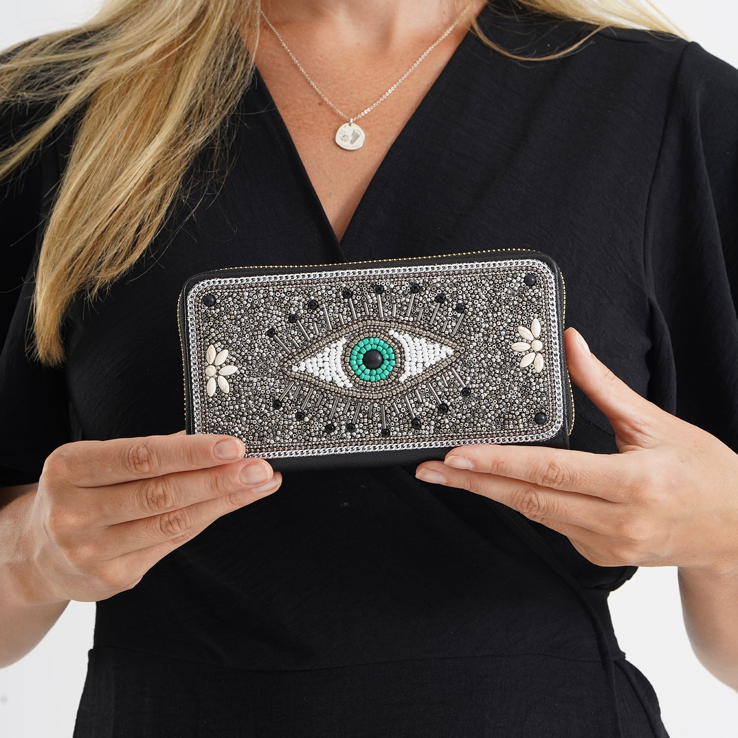 Beaded Evil Eye Zip-Around Continental Wallet - Silver 8574618 3