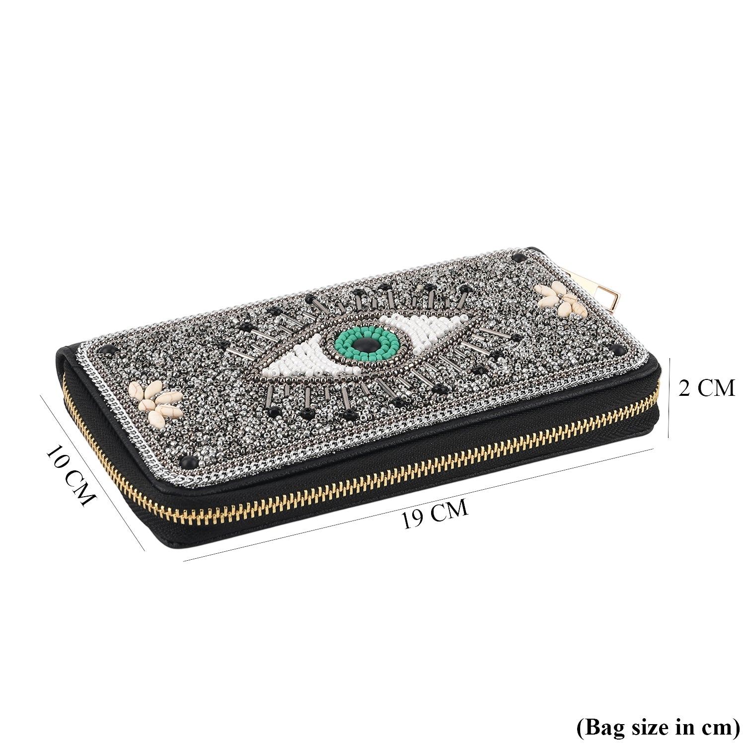 Beaded Evil Eye Zip-Around Continental Wallet - Silver 8574618 6