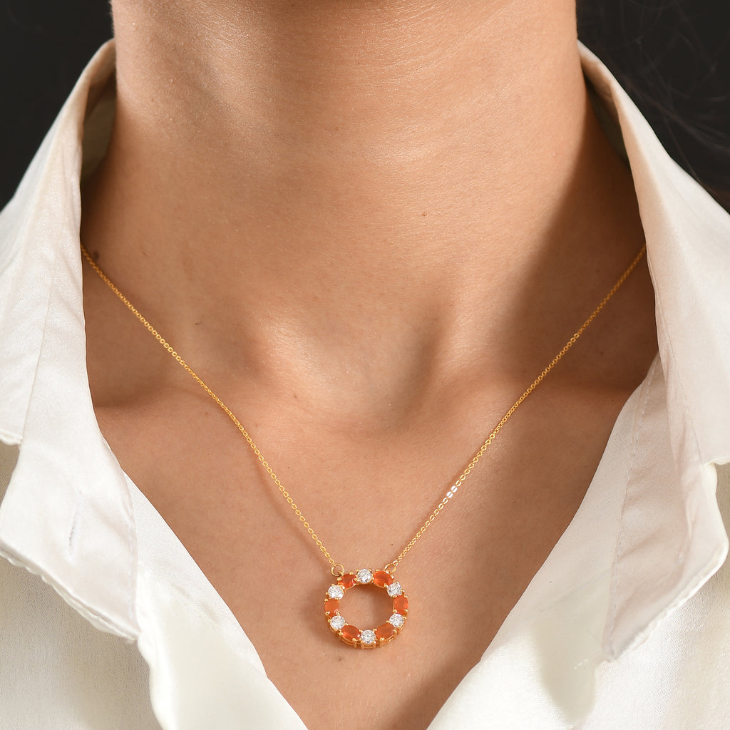 D'Joy - Natural Crimson Fire Opal & Moissanite Necklace (Size - 20) with Lobster Clasp in Yellow Gold Plated Sterling Silver_8574627_1