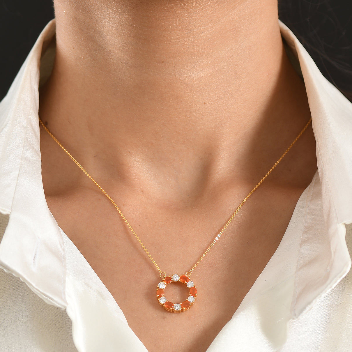 D'Joy - Natural Crimson Fire Opal &amp; Moissanite Necklace (Size - 20) with Lobster Clasp in Yellow Gold Plated Sterling Silver 8574627 2