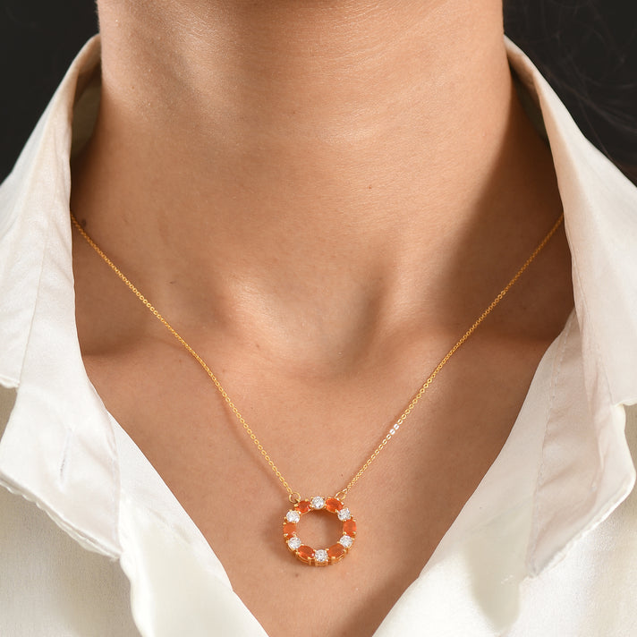 D'Joy - Natural Crimson Fire Opal &amp; Moissanite Necklace (Size - 20) with Lobster Clasp in Yellow Gold Plated Sterling Silver 8574627 2