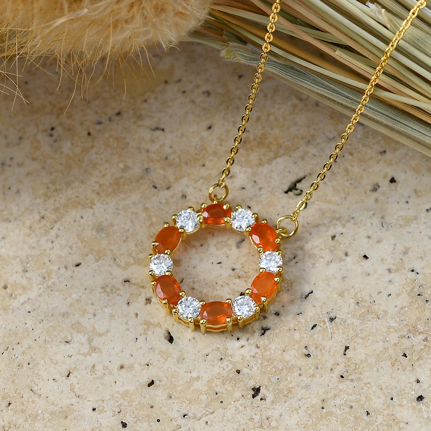 D'Joy - Natural Crimson Fire Opal &amp; Moissanite Necklace (Size - 20) with Lobster Clasp in Yellow Gold Plated Sterling Silver 8574627 3