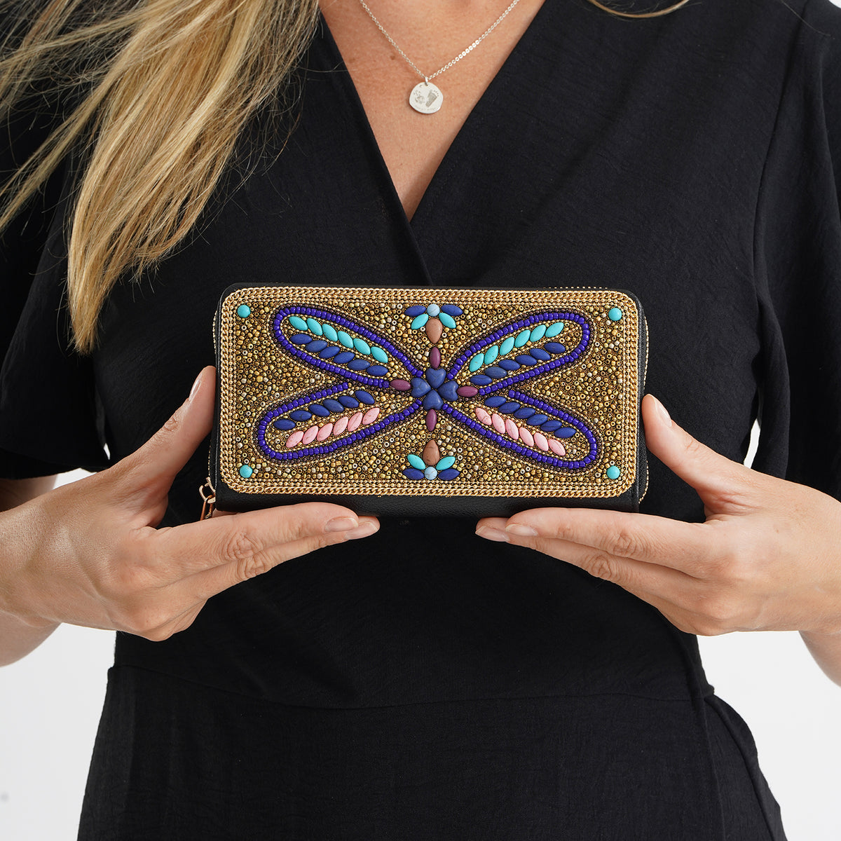 Beaded Dragonfly Zip-Around Continental Wallet - Gold V32579380 3