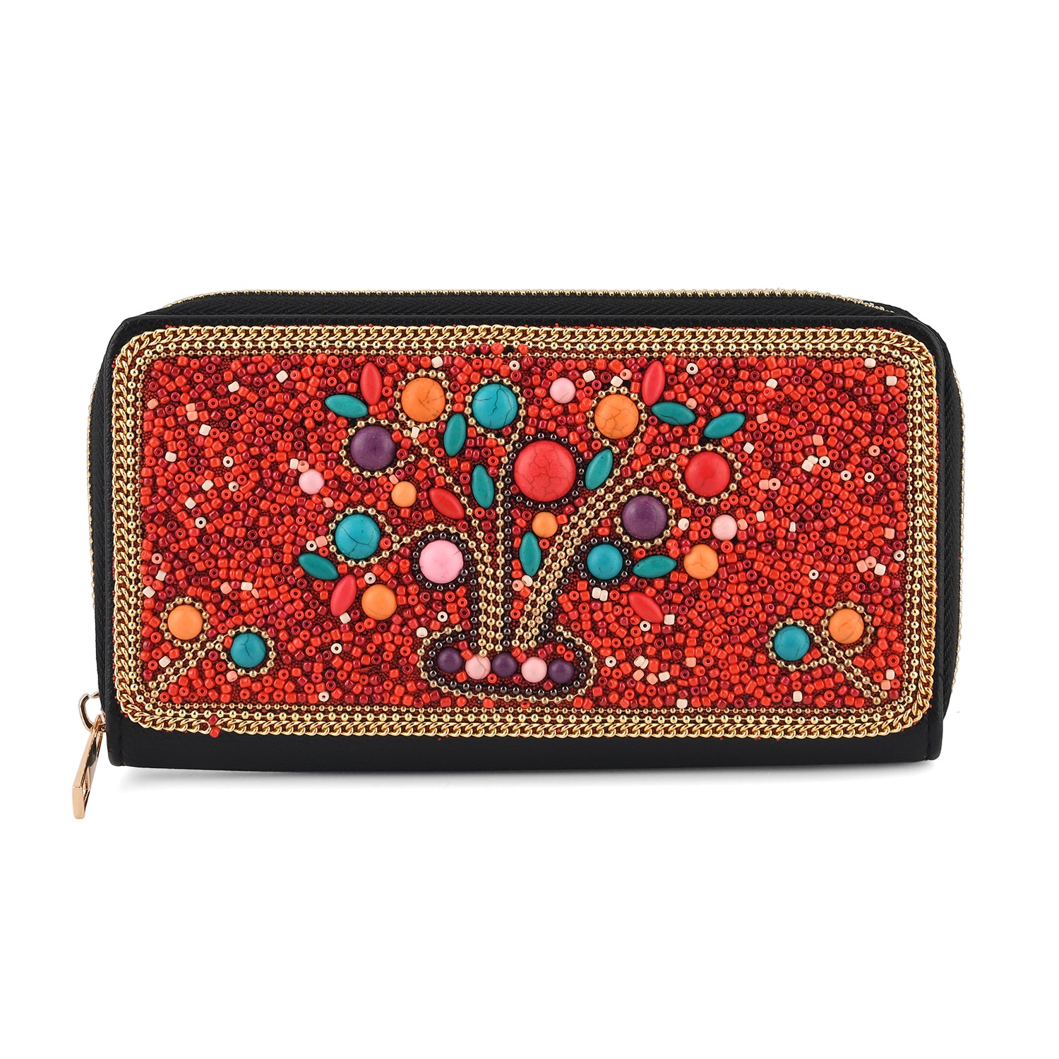 Beaded Floral Pattern Zip-Around Continental Wallet - Red 8574632 0