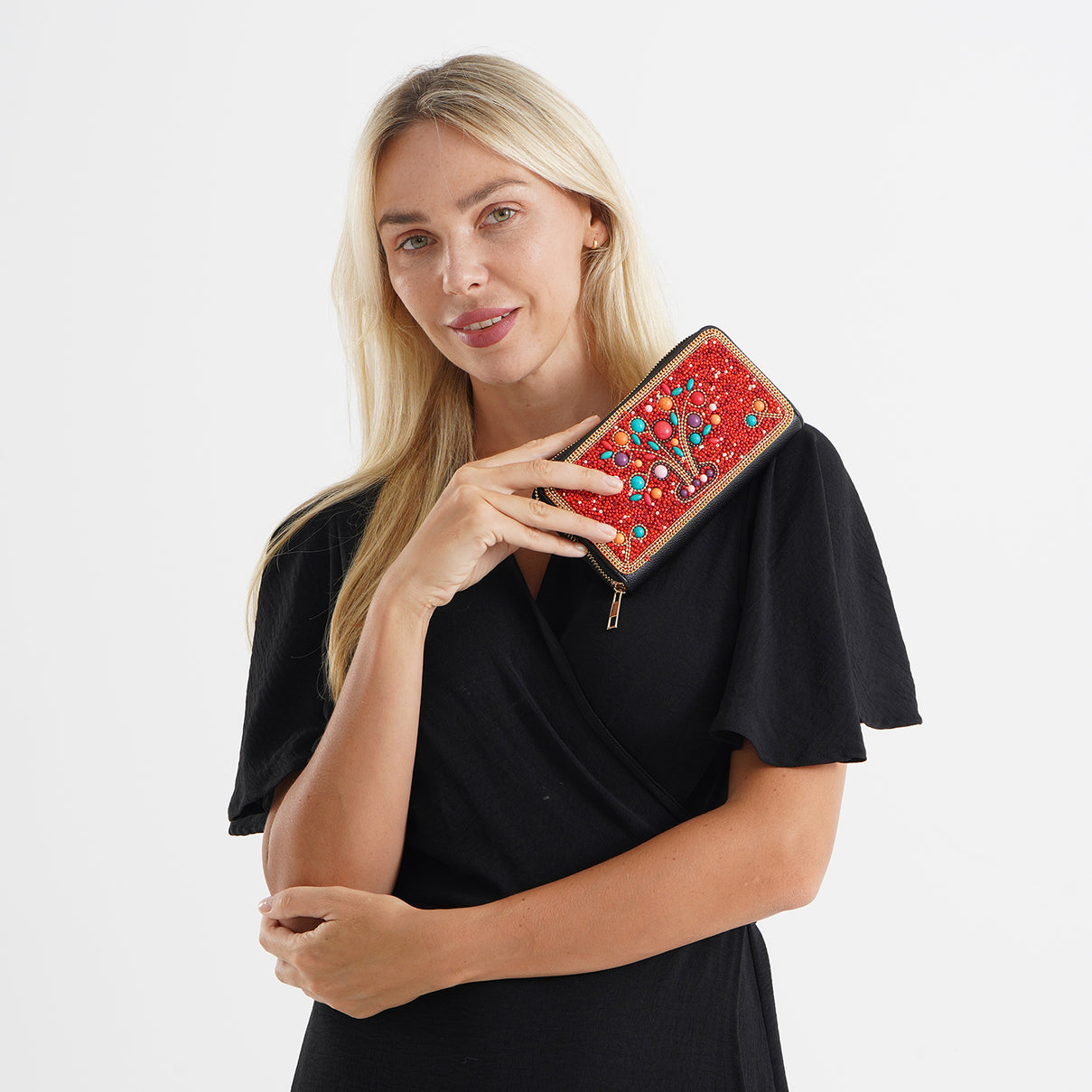 Beaded Floral Pattern Zip-Around Continental Wallet - Red 8574632 2