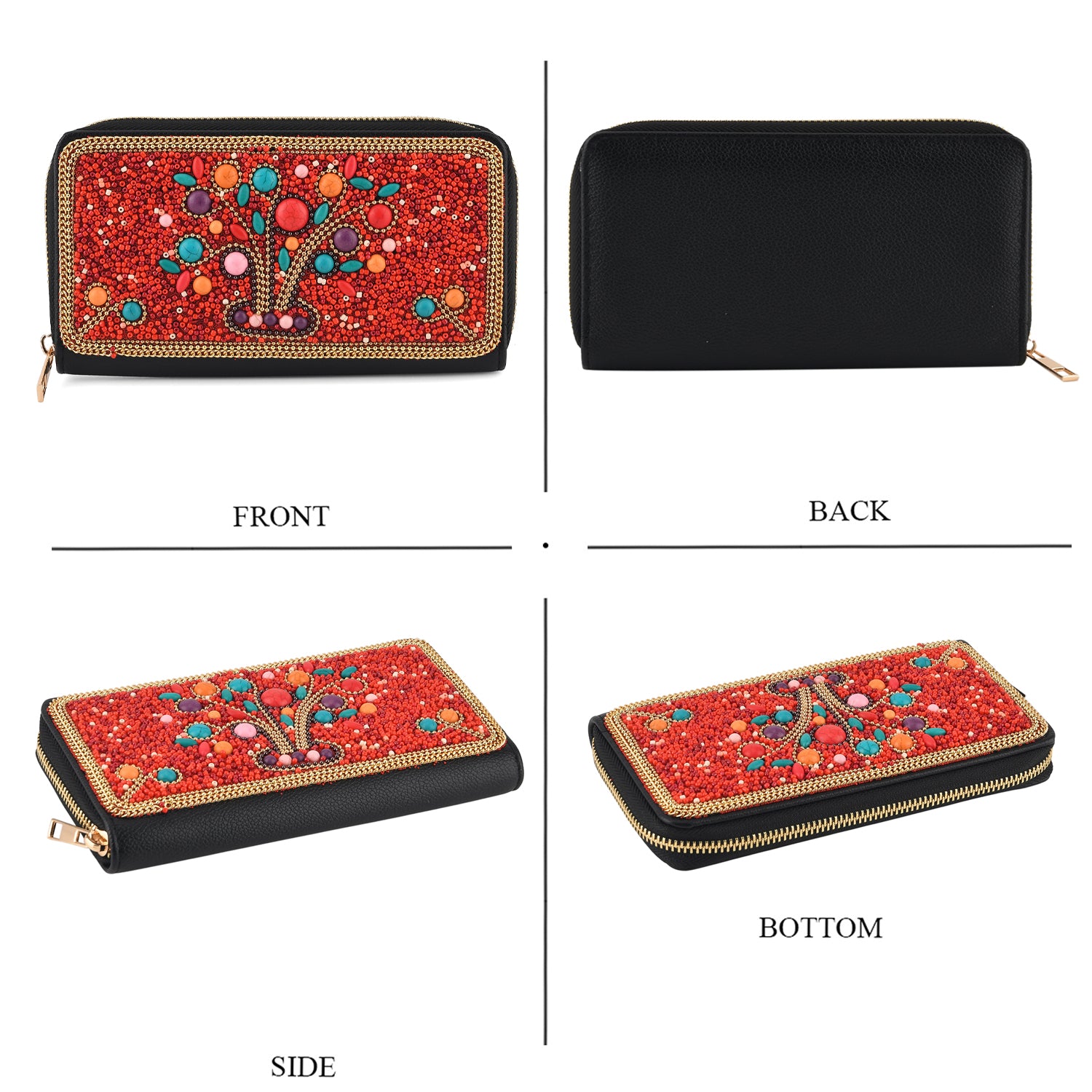 Beaded Floral Pattern Zip-Around Continental Wallet - Red 8574632 4
