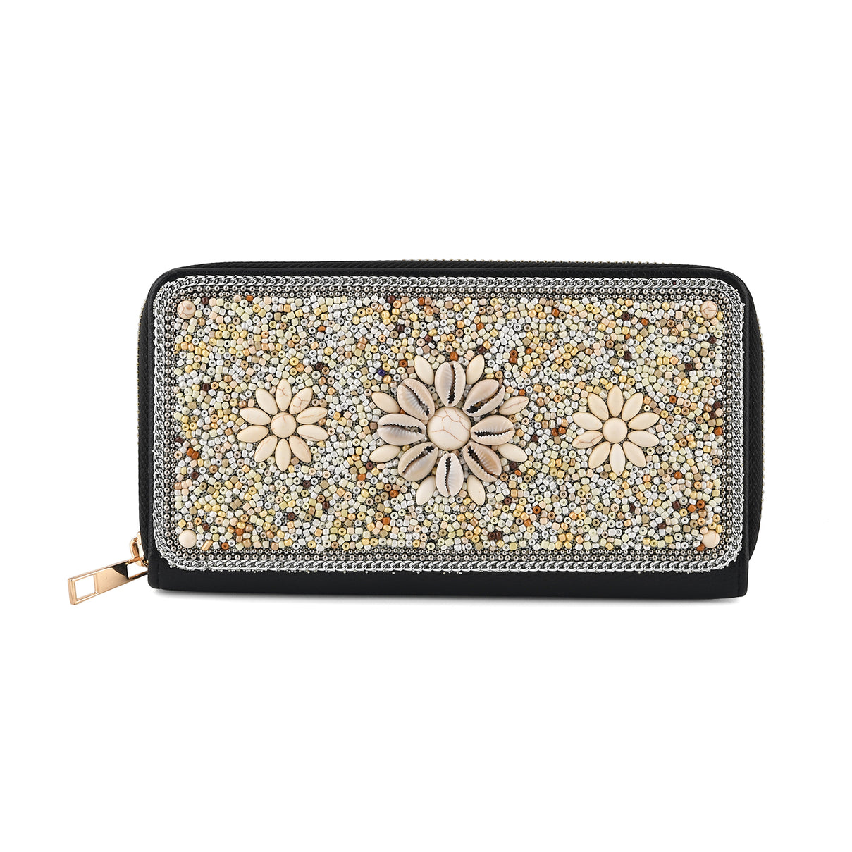 Beaded Floral Pattern Zip-Around Continental Wallet - Beige 8574634 0