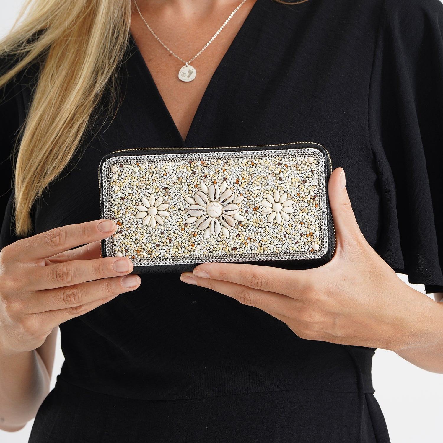 Beaded Floral Pattern Zip-Around Continental Wallet - Beige 8574634 3