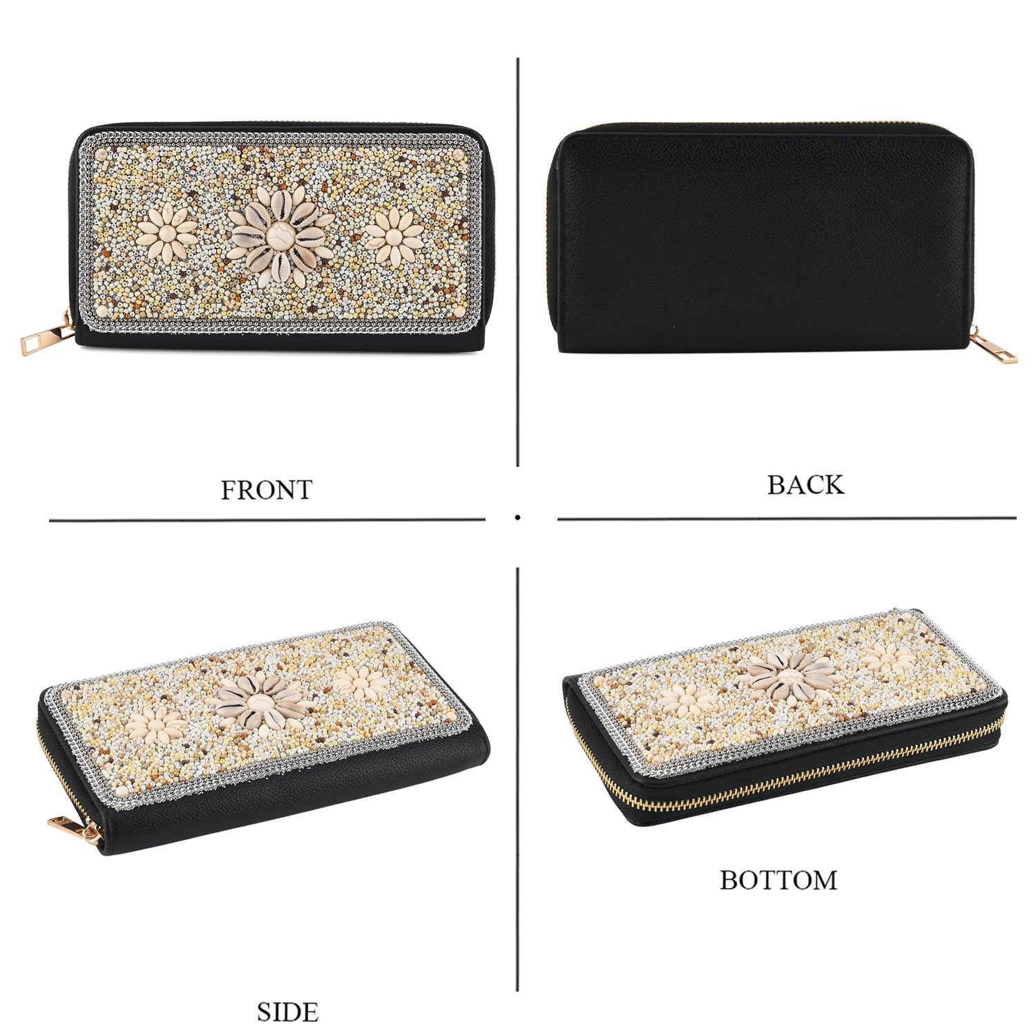 Beaded Floral Pattern Zip-Around Continental Wallet - Beige 8574634 4