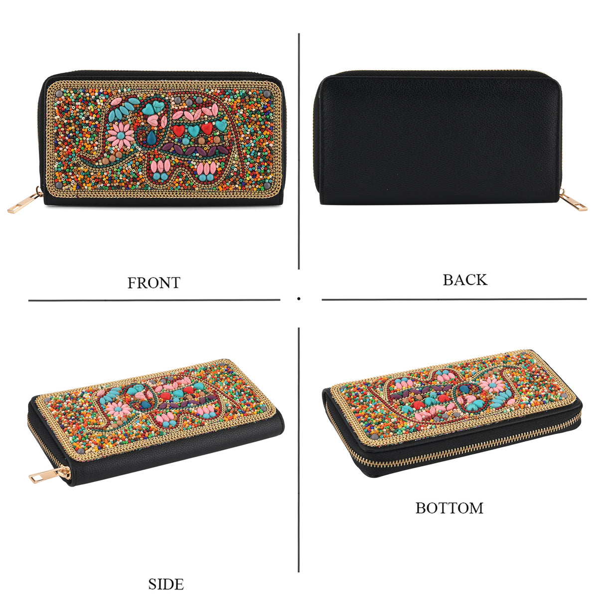 Beaded Elephant Pattern Zip-Around Continental Wallet - Multi Colour V32575026 4