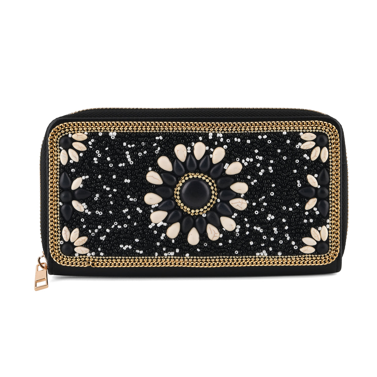 White Beaded Floral Pattern Zip-Around Continental Wallet - Black 8574636 0