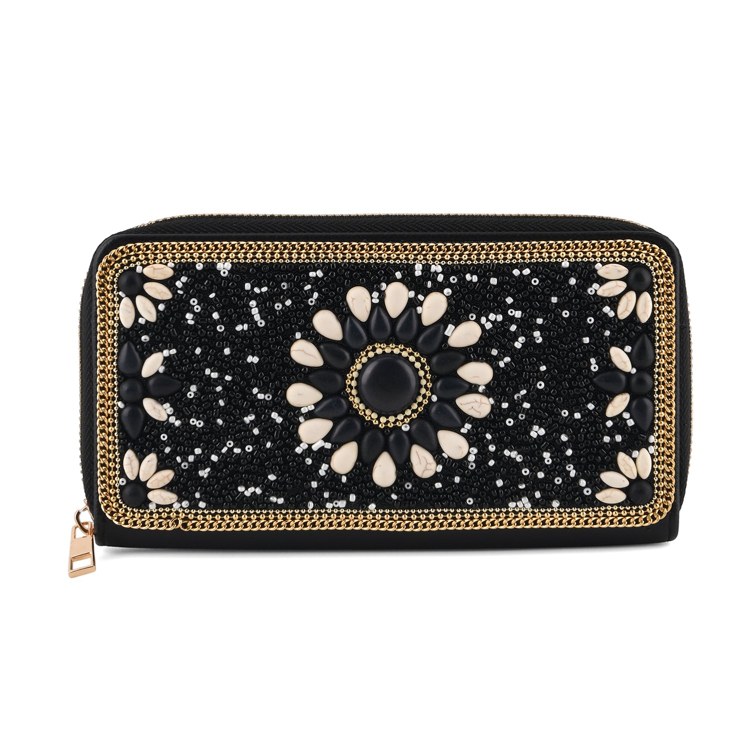 White Beaded Floral Pattern Zip-Around Continental Wallet - Black 8574636 0