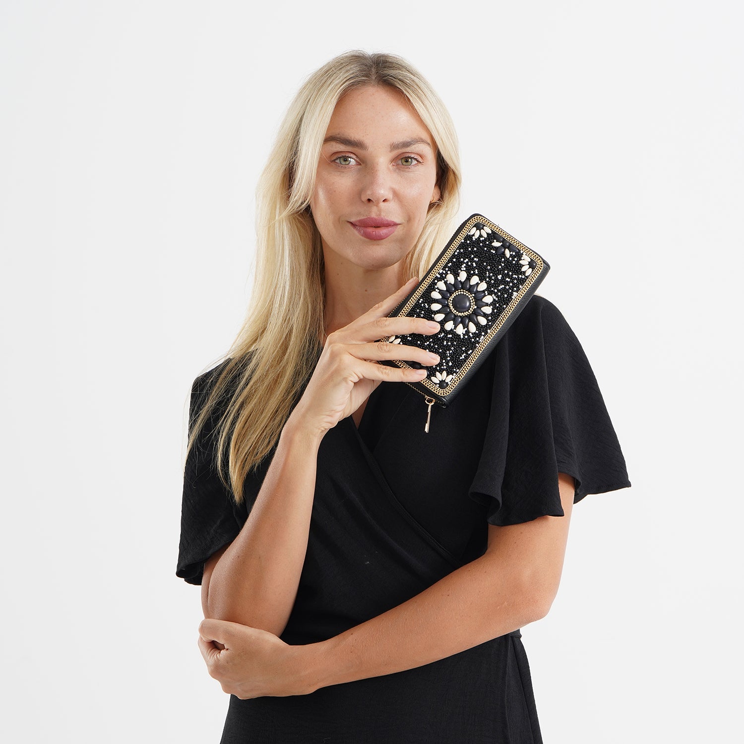 White Beaded Floral Pattern Zip-Around Continental Wallet - Black 8574636 2