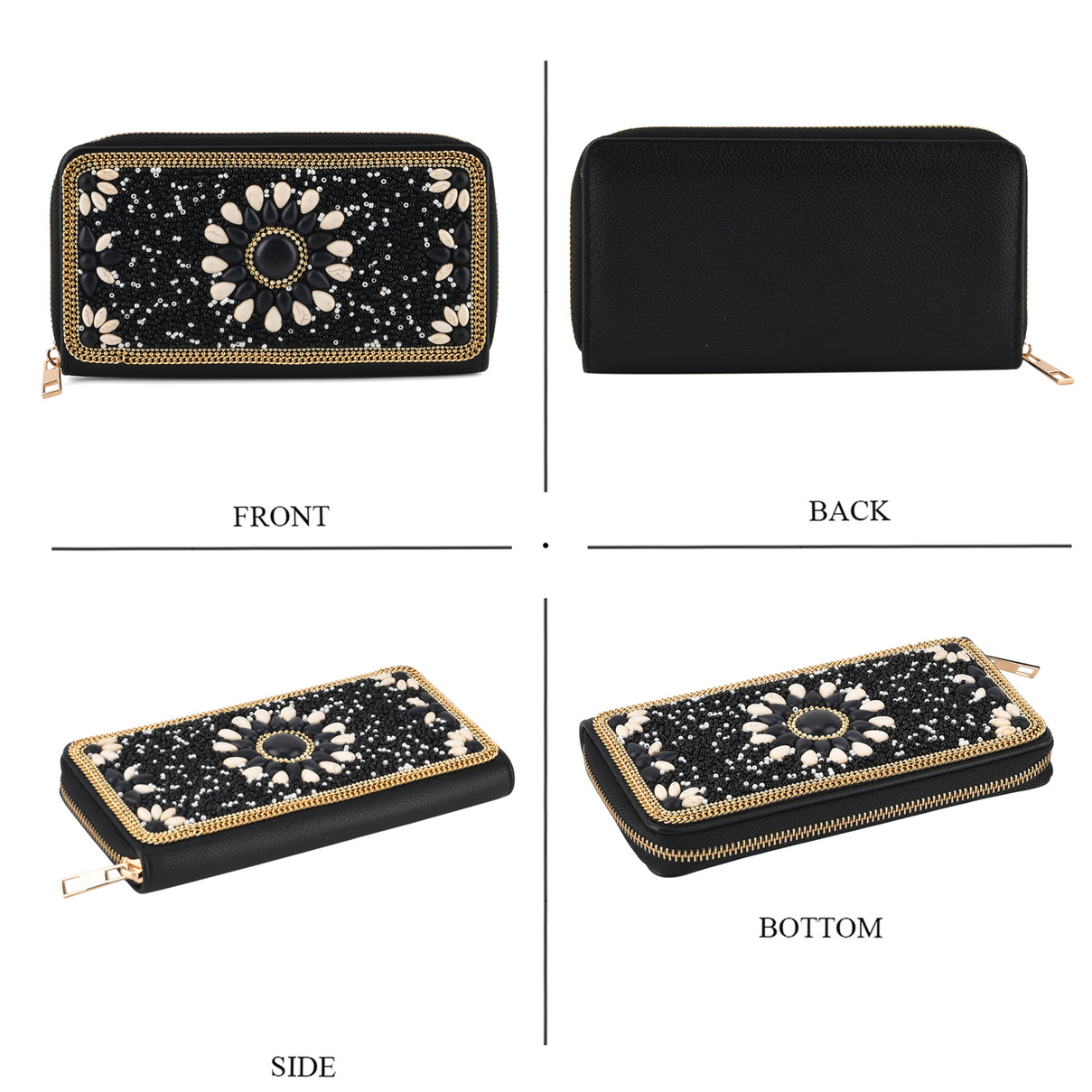 White Beaded Floral Pattern Zip-Around Continental Wallet - Black 8574636 4