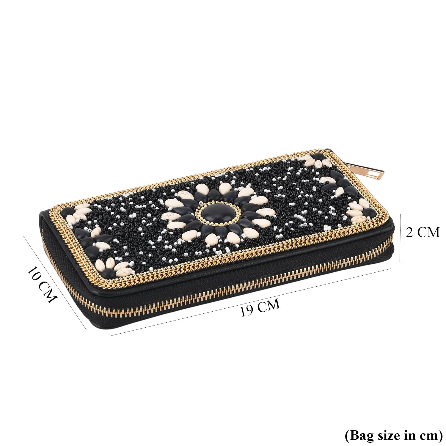 White Beaded Floral Pattern Zip-Around Continental Wallet - Black 8574636 6