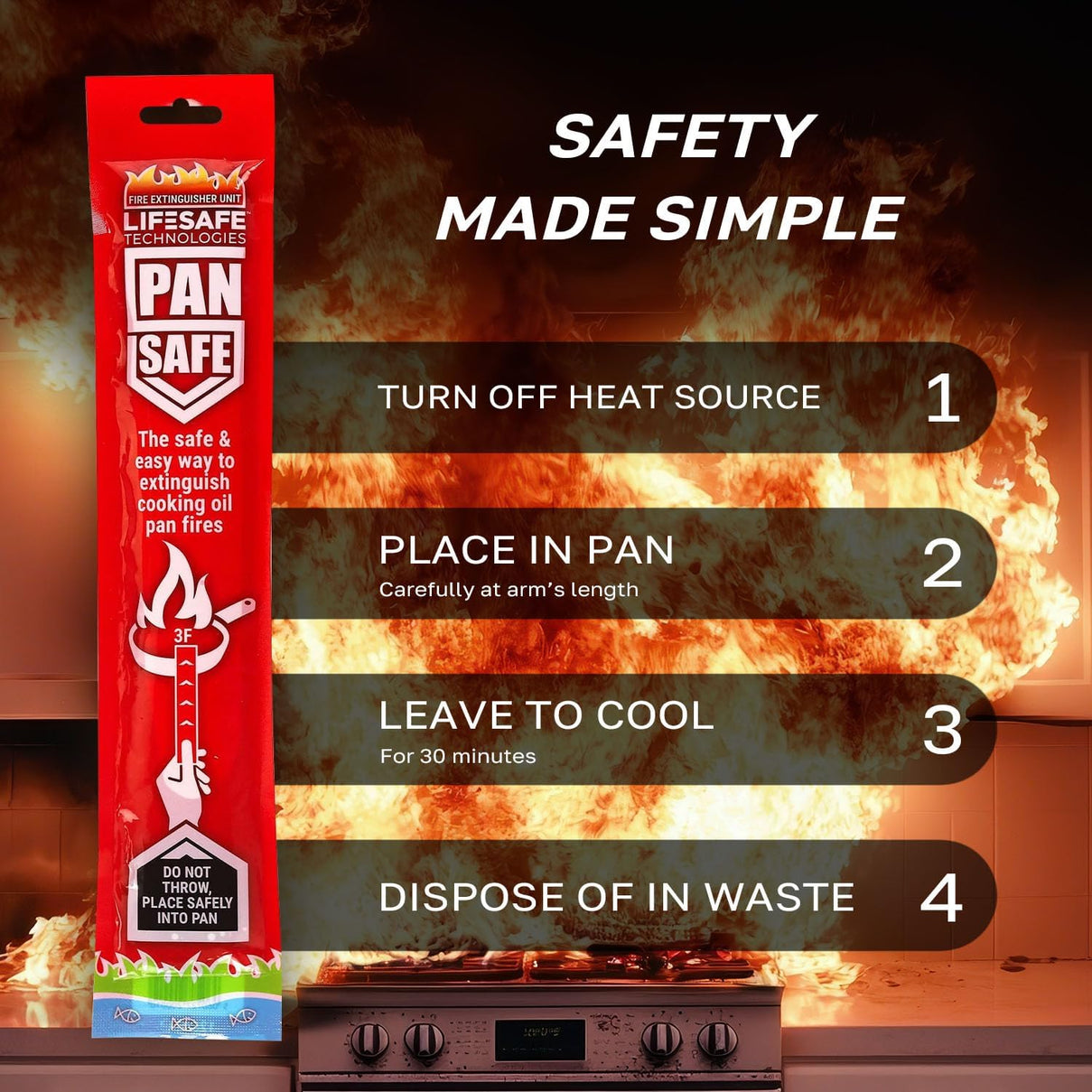 LifeSafe Technologies PanSafe Fire Extinguisher - Non Toxic Eco Friendly Kitchen Fire Safety Device - Premium Drop In Cooking Oil Sachet for Instant Pan Extinguishing - Red V32514879 4