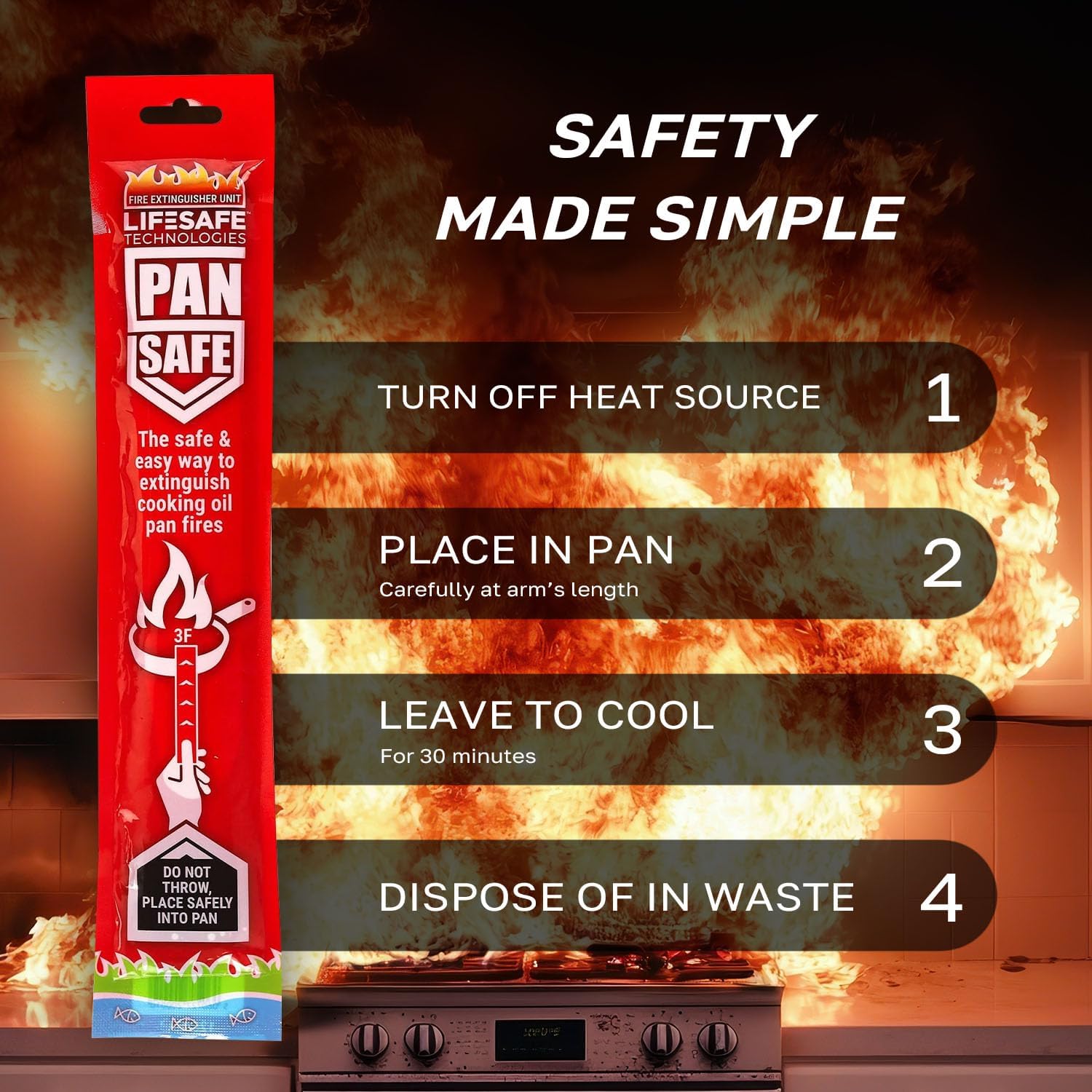 LifeSafe Technologies PanSafe Fire Extinguisher - Non Toxic Eco Friendly Kitchen Fire Safety Device - Premium Drop In Cooking Oil Sachet for Instant Pan Extinguishing - Red V32514879 4