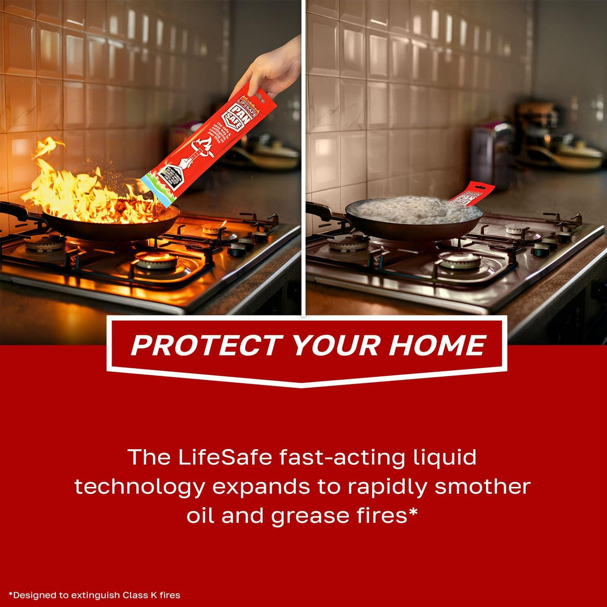 LifeSafe Technologies PanSafe Fire Extinguisher - Non Toxic Eco Friendly Kitchen Fire Safety Device - Premium Drop In Cooking Oil Sachet for Instant Pan Extinguishing - Red V32514879 7