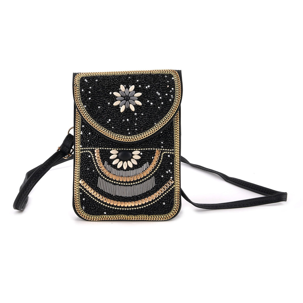 Flower Pattern Beaded Phone Crossbody Bag with Adjustable Strap - Black 8574663 0