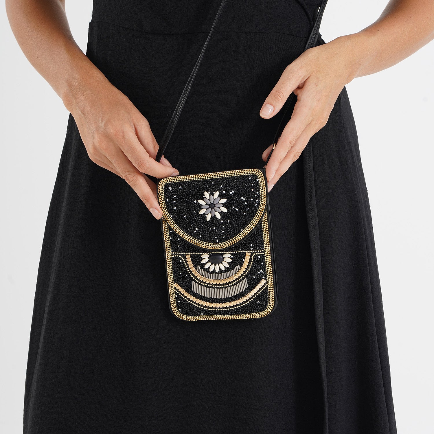 Flower Pattern Beaded Phone Crossbody Bag with Adjustable Strap - Black 8574663 2