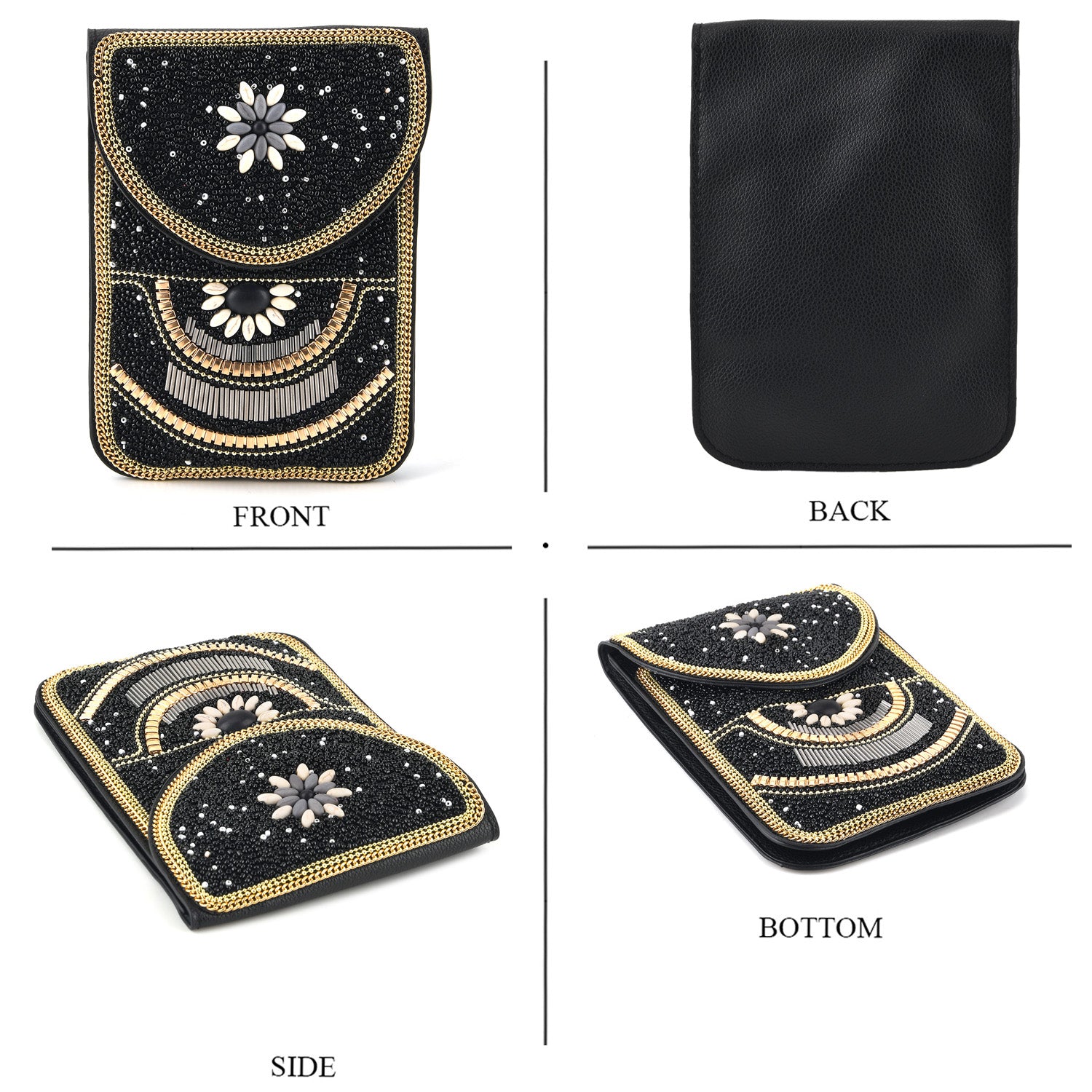 Flower Pattern Beaded Phone Crossbody Bag with Adjustable Strap - Black 8574663 3