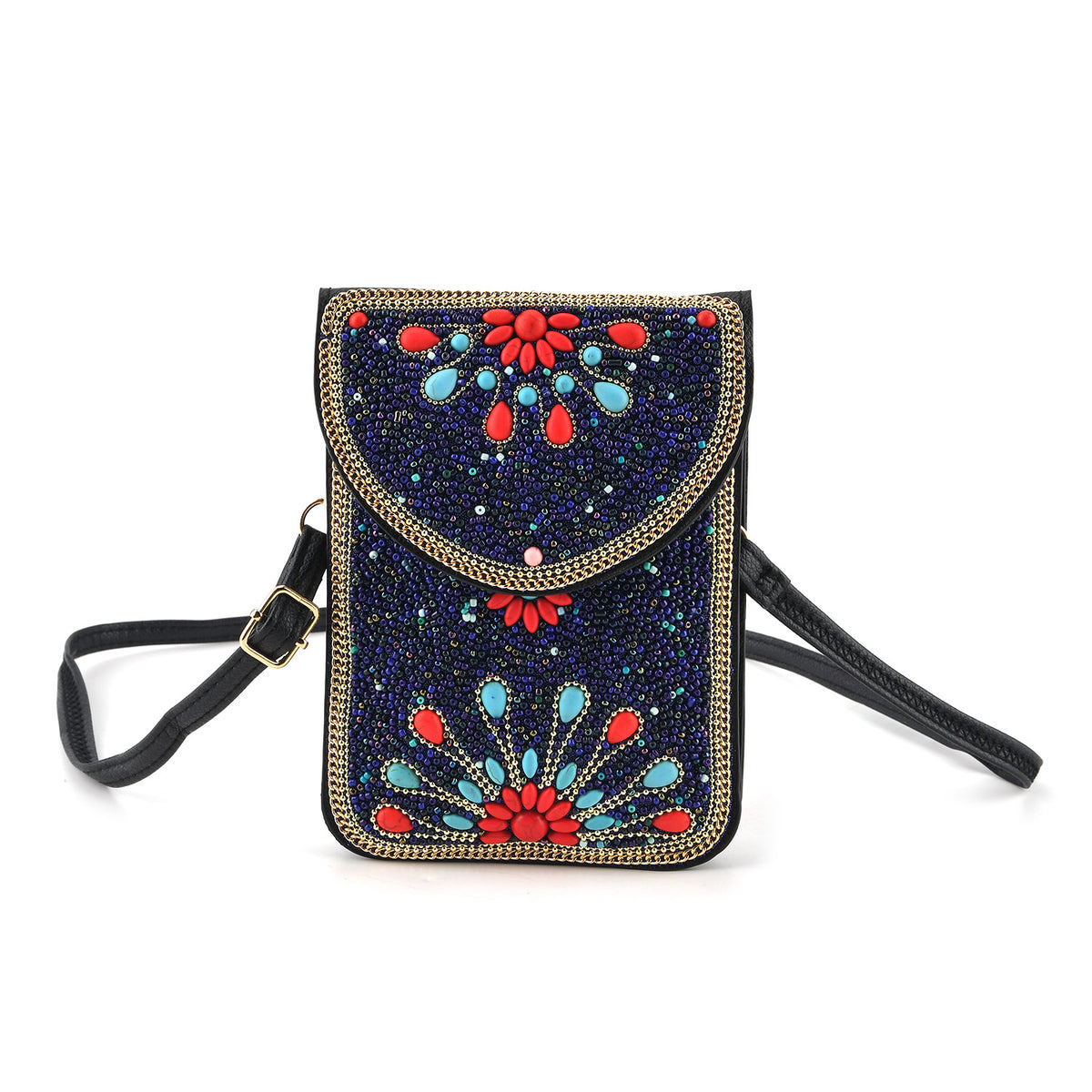 Multicolour Beaded Flower Embroidery Phone Crossbody Bag with Adjustable Strap - Black V32745704 0