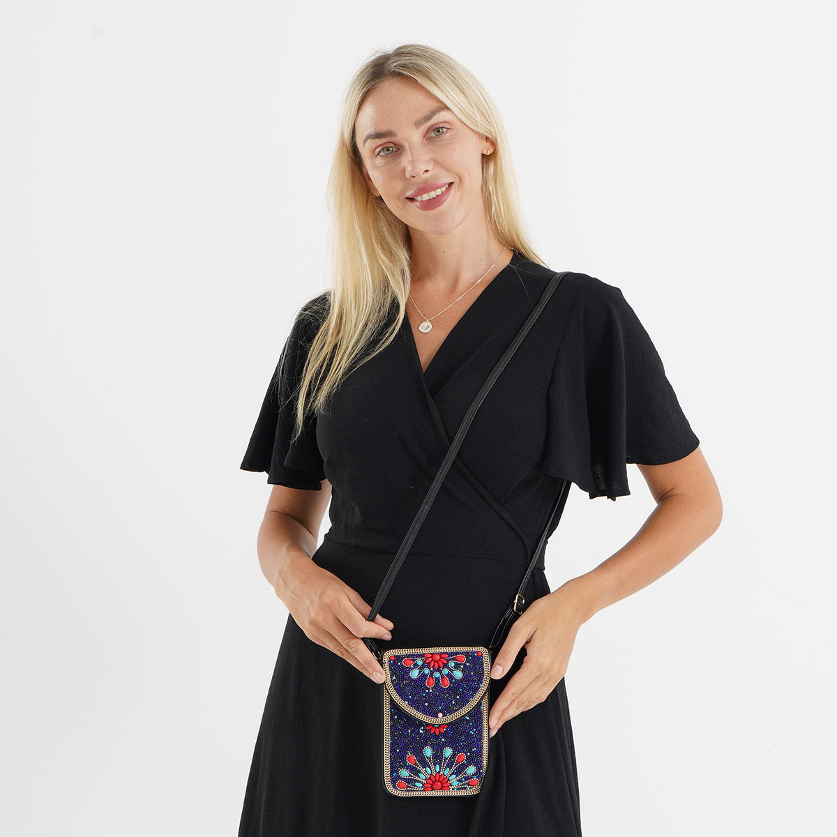 Multicolour Beaded Flower Embroidery Phone Crossbody Bag with Adjustable Strap - Black V32745704 2