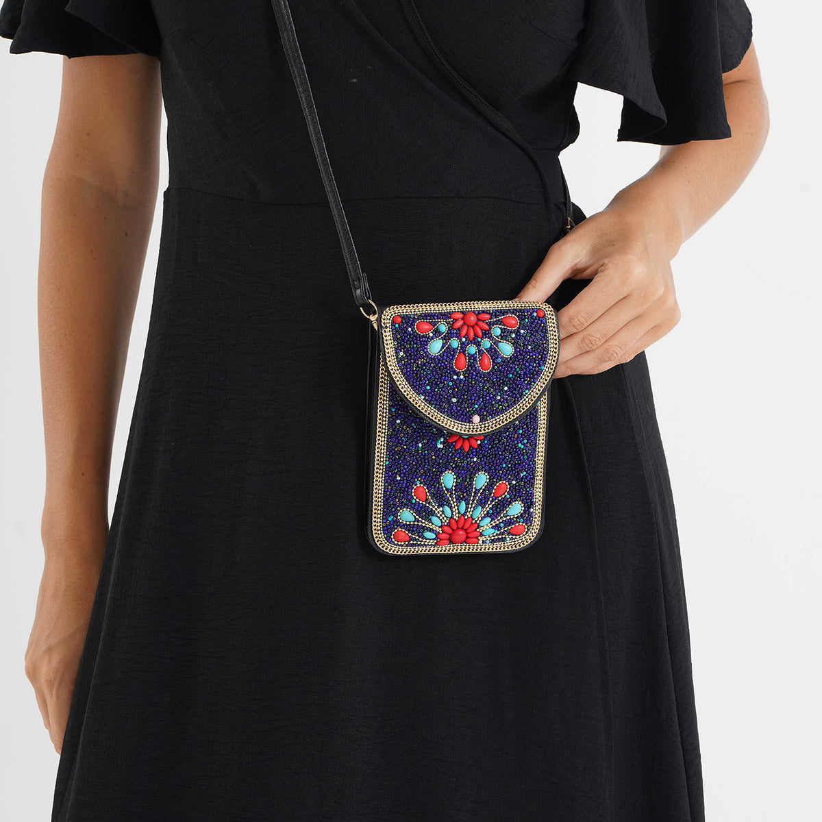 Multicolour Beaded Flower Embroidery Phone Crossbody Bag with Adjustable Strap - Black V32745704 3