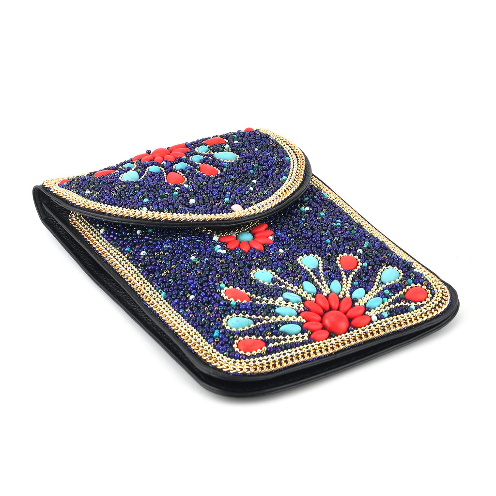 Multicolour Beaded Flower Embroidery Phone Crossbody Bag with Adjustable Strap - Black_8574685_6