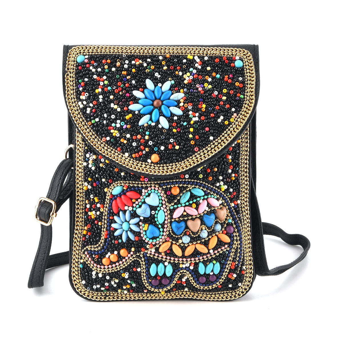 Multicolour Beaded Elephant Embroidery Phone Crossbody Bag with Adjustable Strap - Black V32754972 0