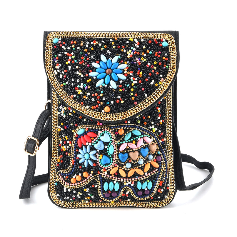 Multicolour Beaded Elephant Embroidery Phone Crossbody Bag with Adjustable Strap - Black_8574686