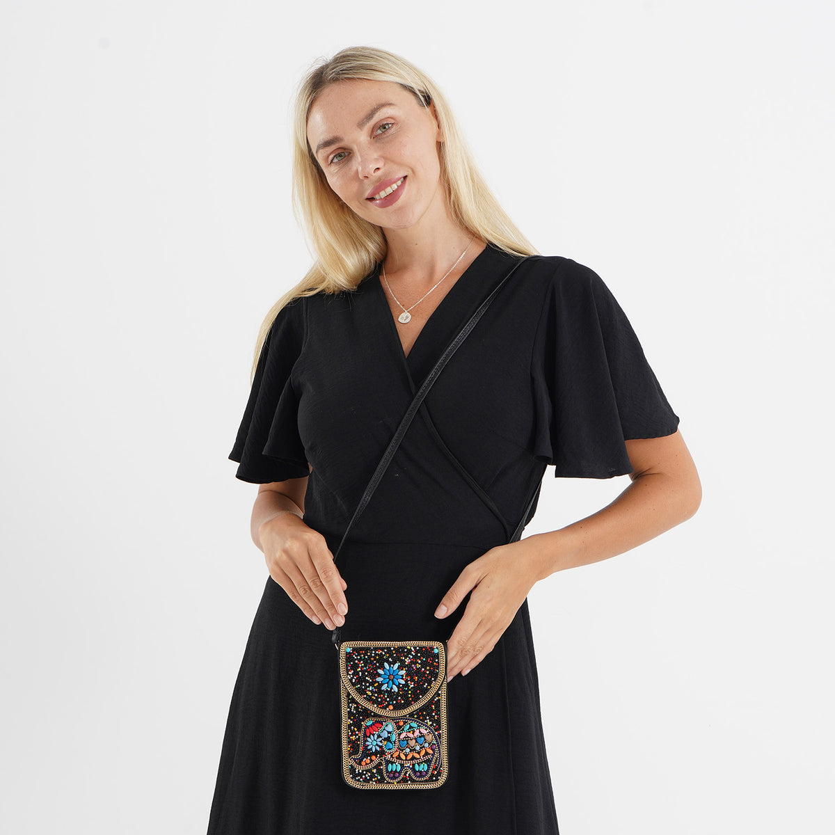 Multicolour Beaded Elephant Embroidery Phone Crossbody Bag with Adjustable Strap - Black V32754972 2