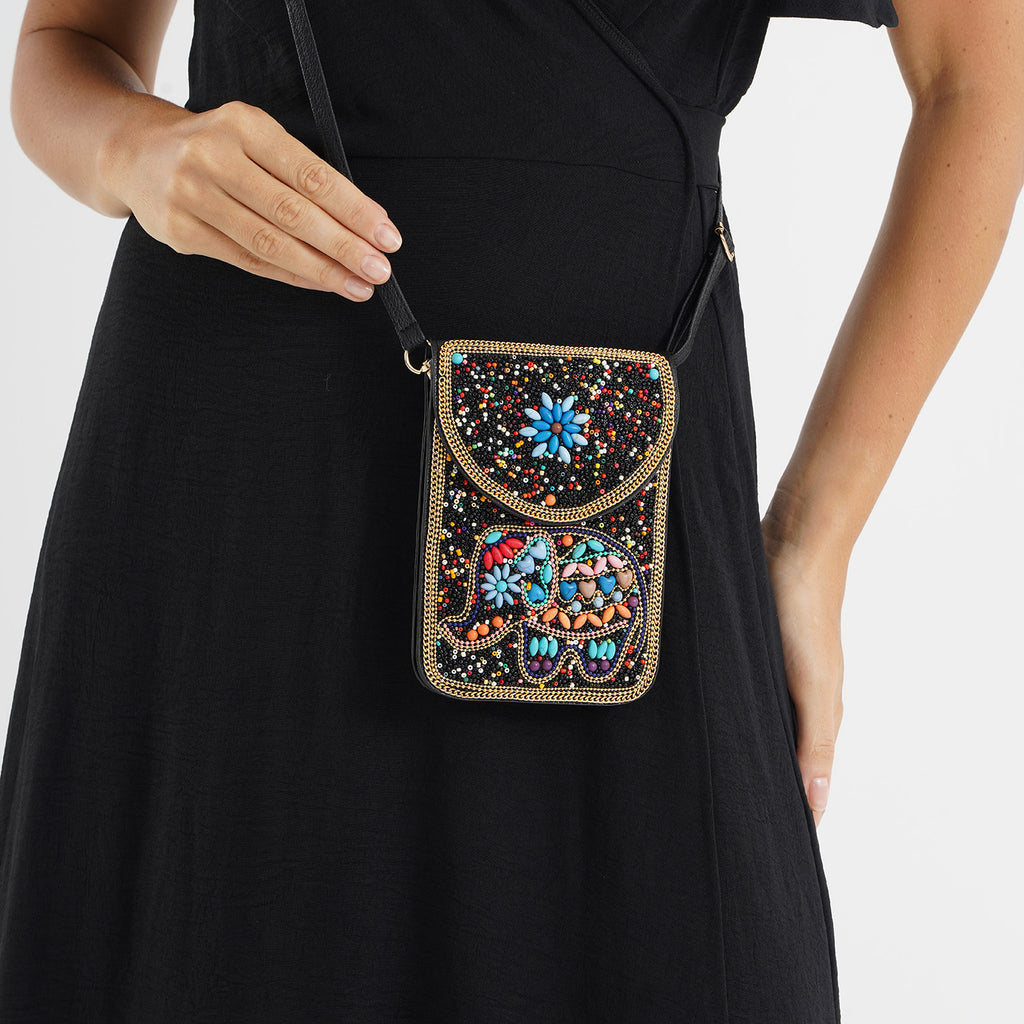 Multicolour Beaded Elephant Embroidery Phone Crossbody Bag with Adjustable Strap - Black_8574686_3